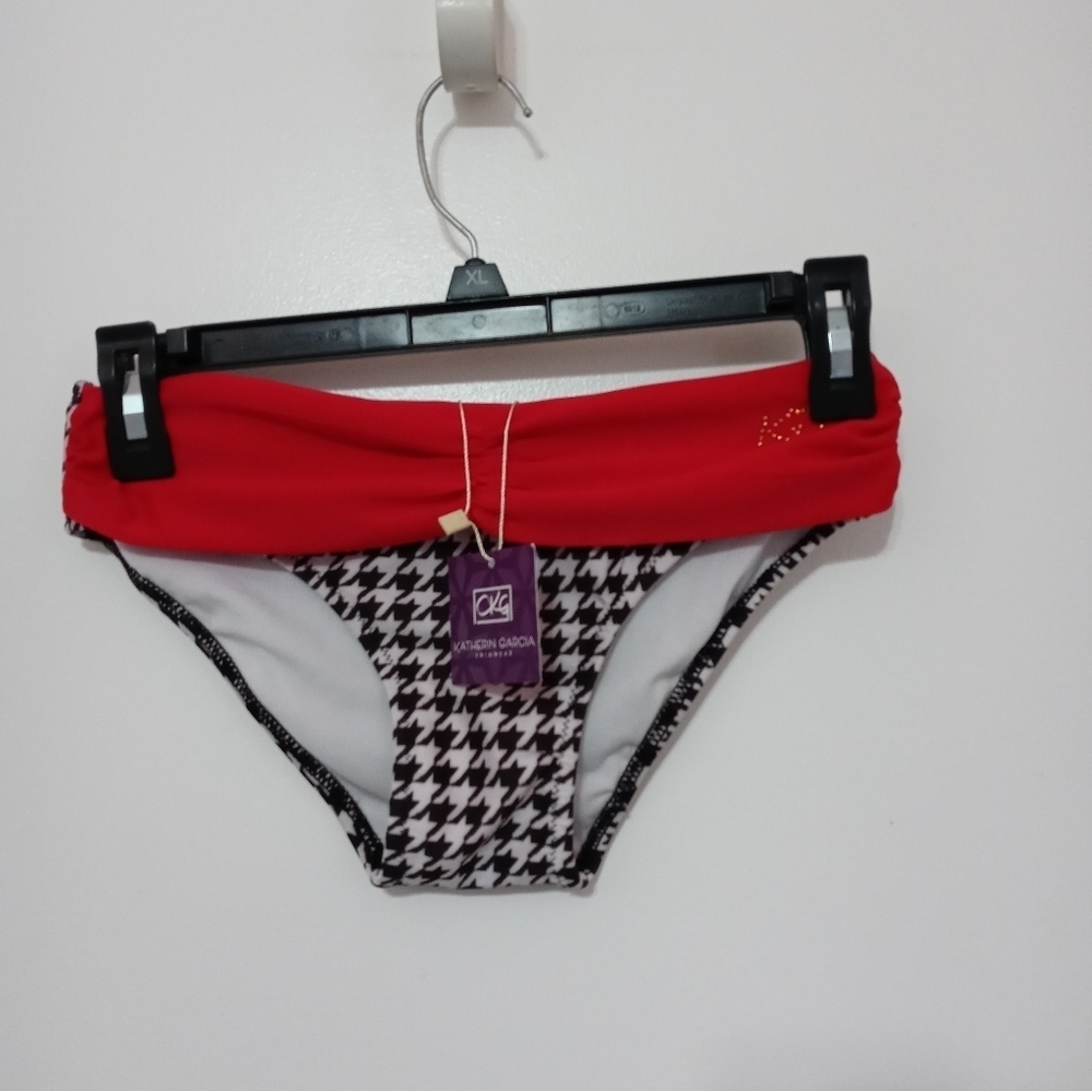 CKG Katherin Garcia Black White Houndstooth Bikini Bottoms Red Ribbon accent